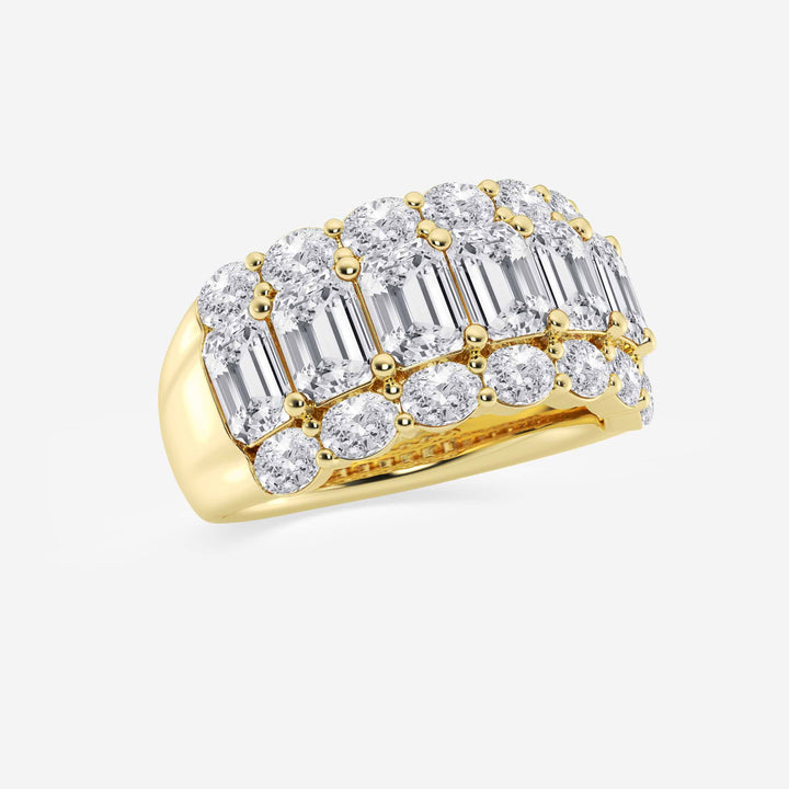 Emerald and Oval Lab Grown Diamond Three Row Wide Band Ring