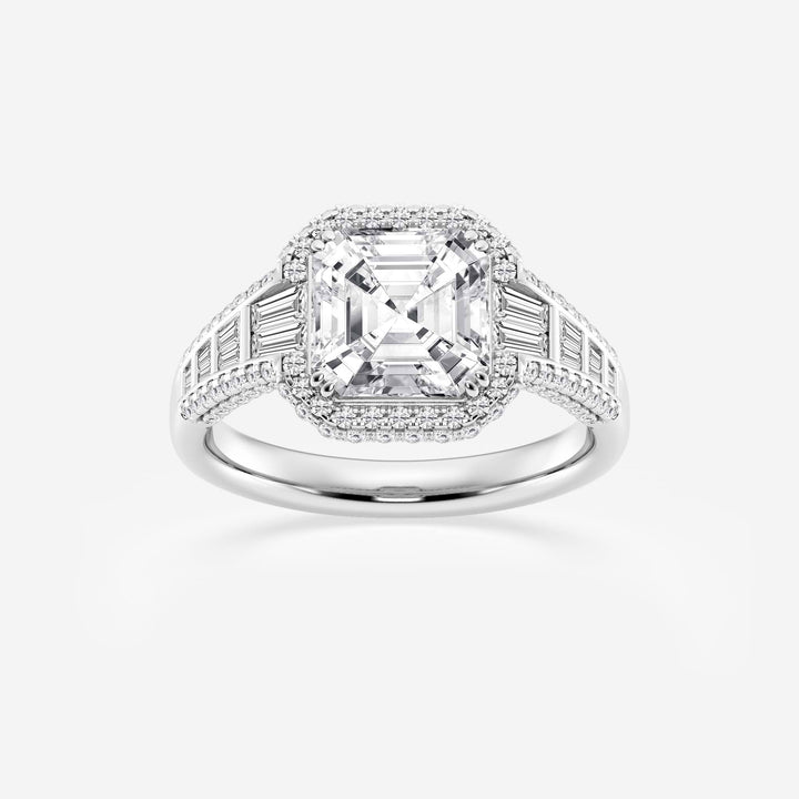 Asscher Lab Grown Diamond Halo Engagement Ring with Round & Baguette Accents