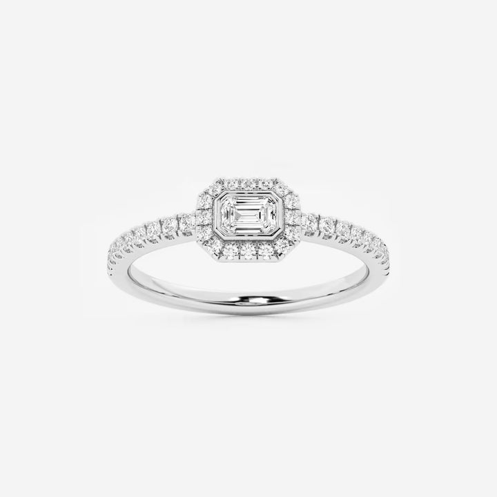Emerald Cut Lab Grown Diamond East West Halo Engagement Ring